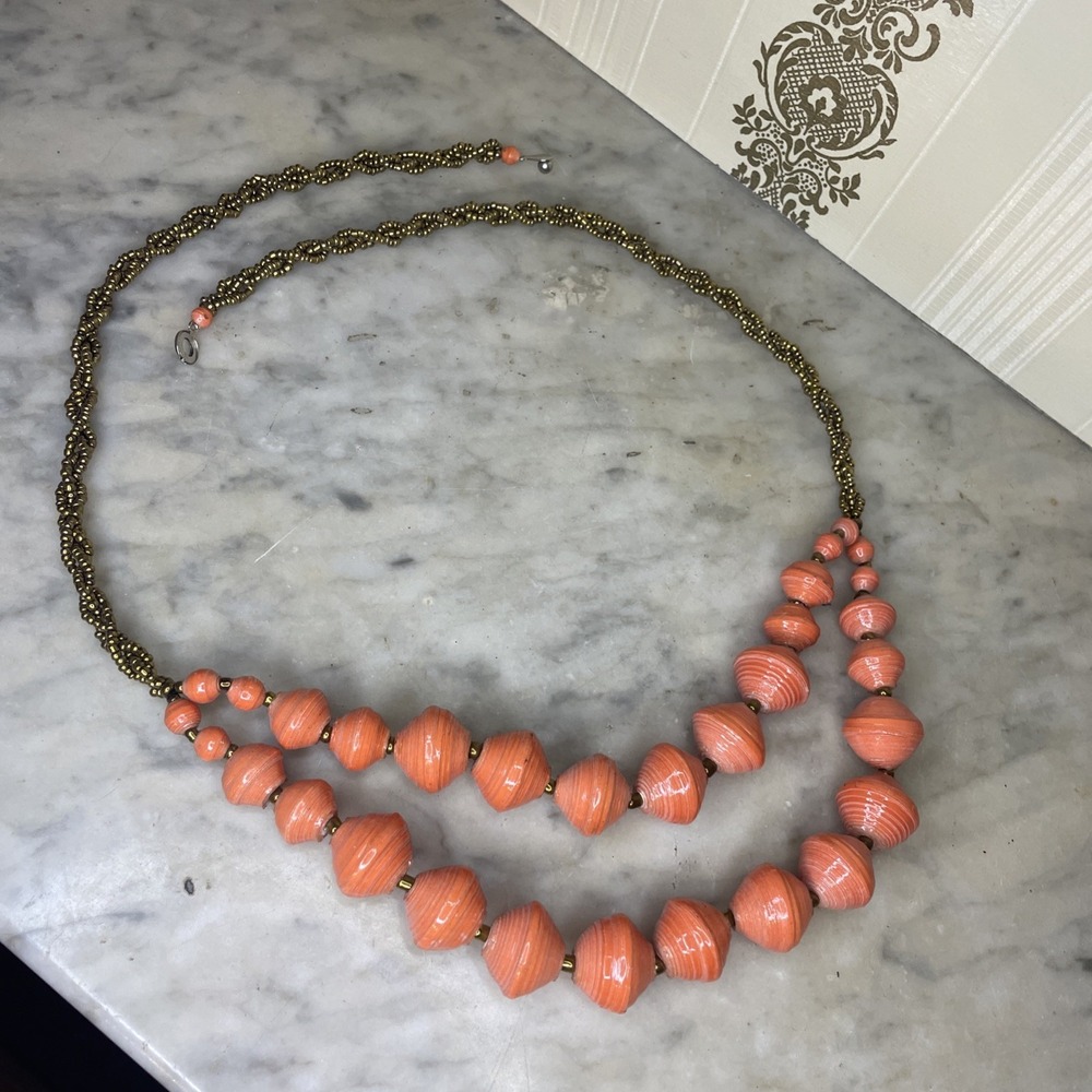 Double Stranded Paper Beads | Triple Strand Copper Braided Long Necklace | Clasp